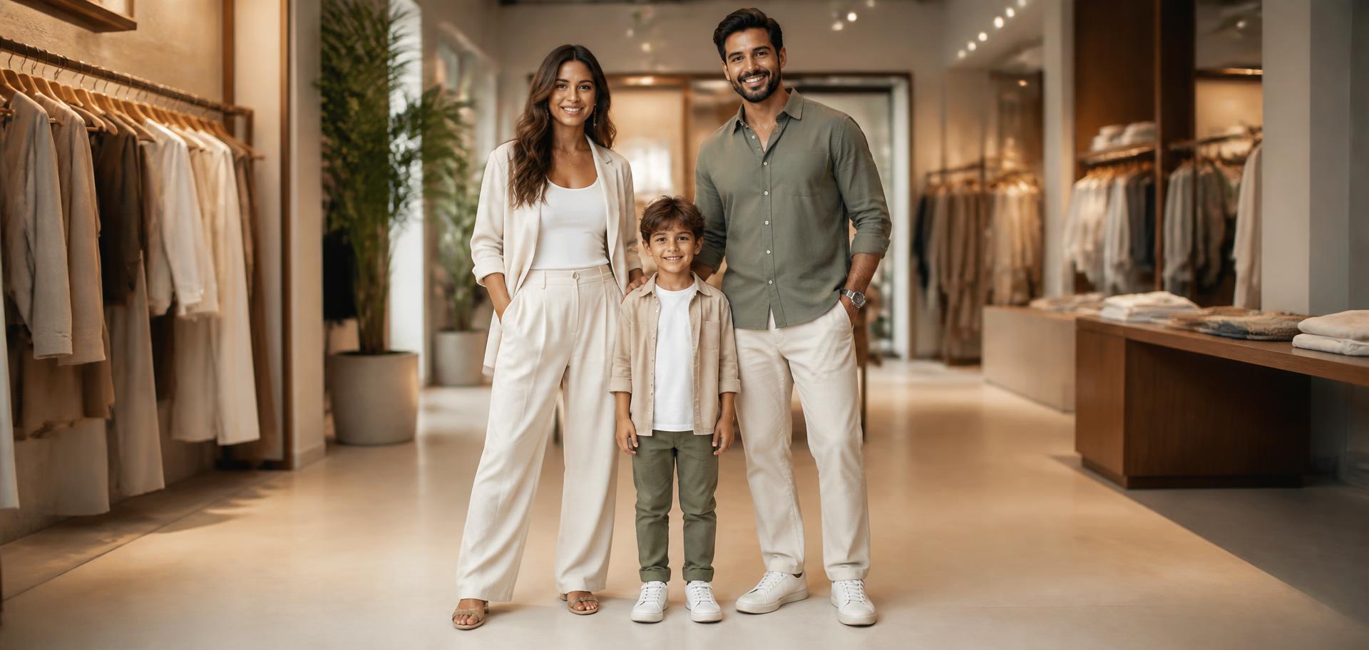 Família vestindo looks da Mirla Modas em ambiente claro e contemporâneo